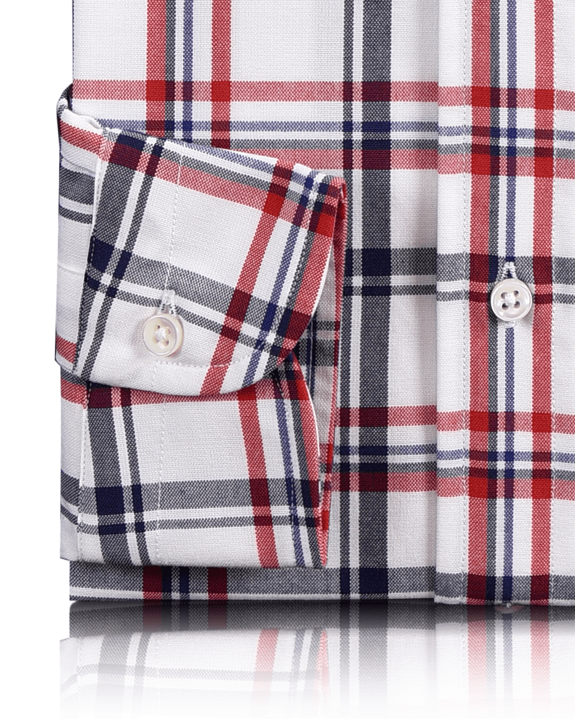 Close up view of custom check shirts for men by Luxire red and navy oxford