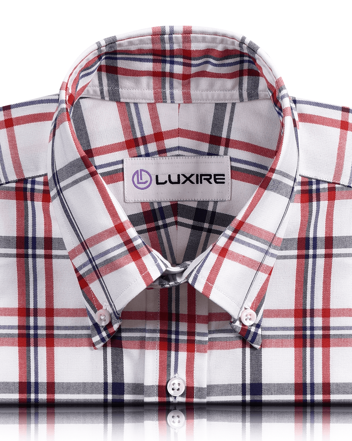 Front close view of custom check shirts for men by Luxire red and navy oxford