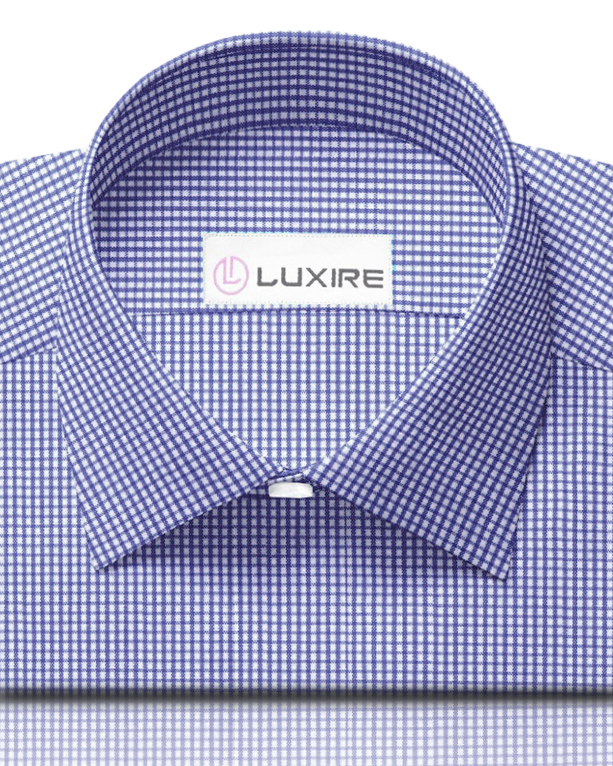 Front close view of custom check shirts for men by Luxire sapphire blue gingham