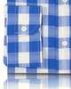 Close up view of custom check shirts for men by Luxire in blue white macro