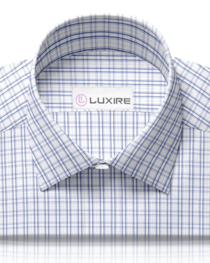 Front close view of custom check shirts for men by Luxire in blue shadow