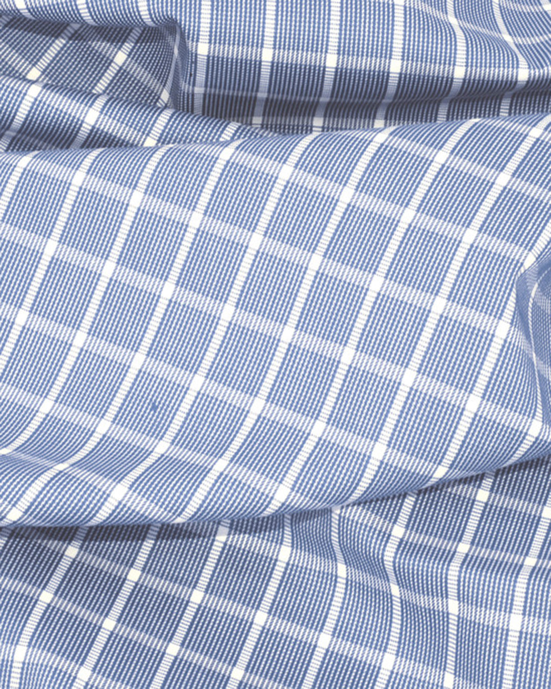 Closeup view of custom check shirts for men by Luxire in navy blue white grid