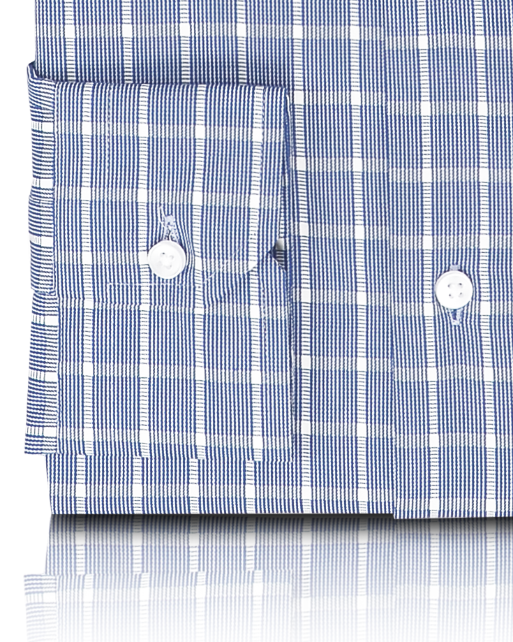 Close up view of custom check shirts for men by Luxire in navy blue white grid