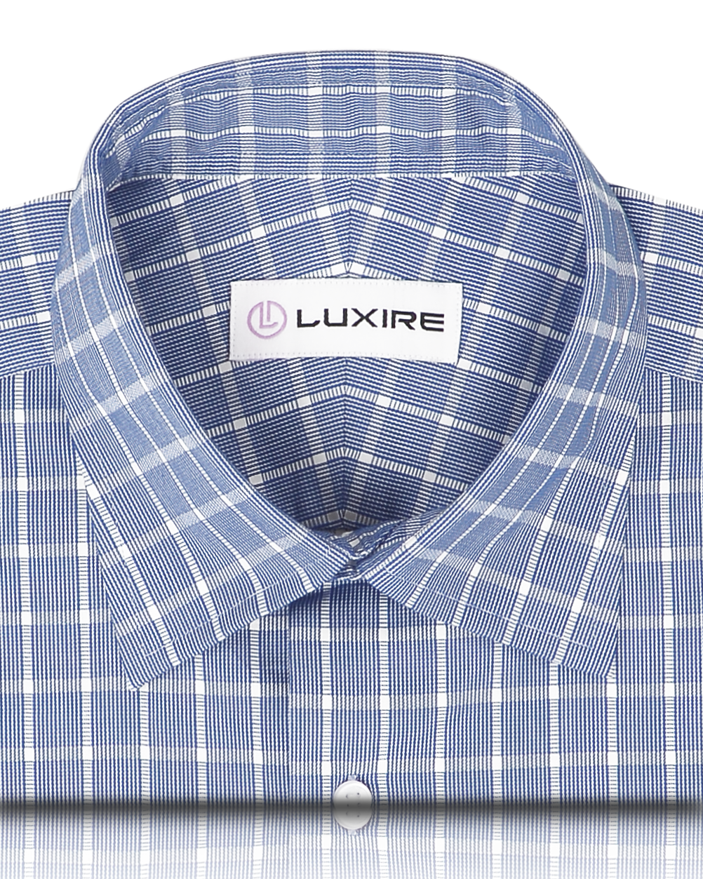 Front close up view of custom check shirts for men by Luxire in navy blue white grid