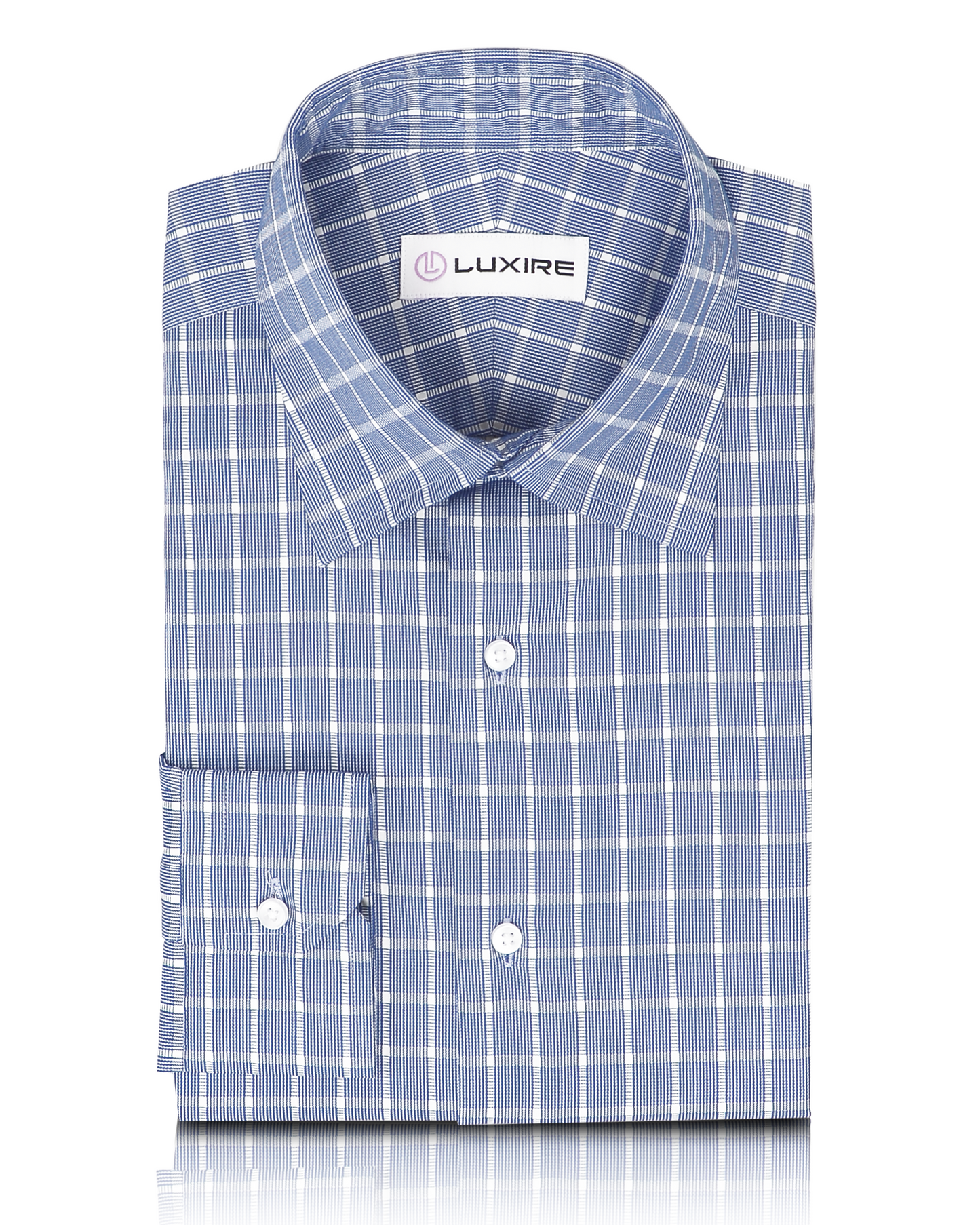 Front view of custom check shirts for men by Luxire in navy blue white grid