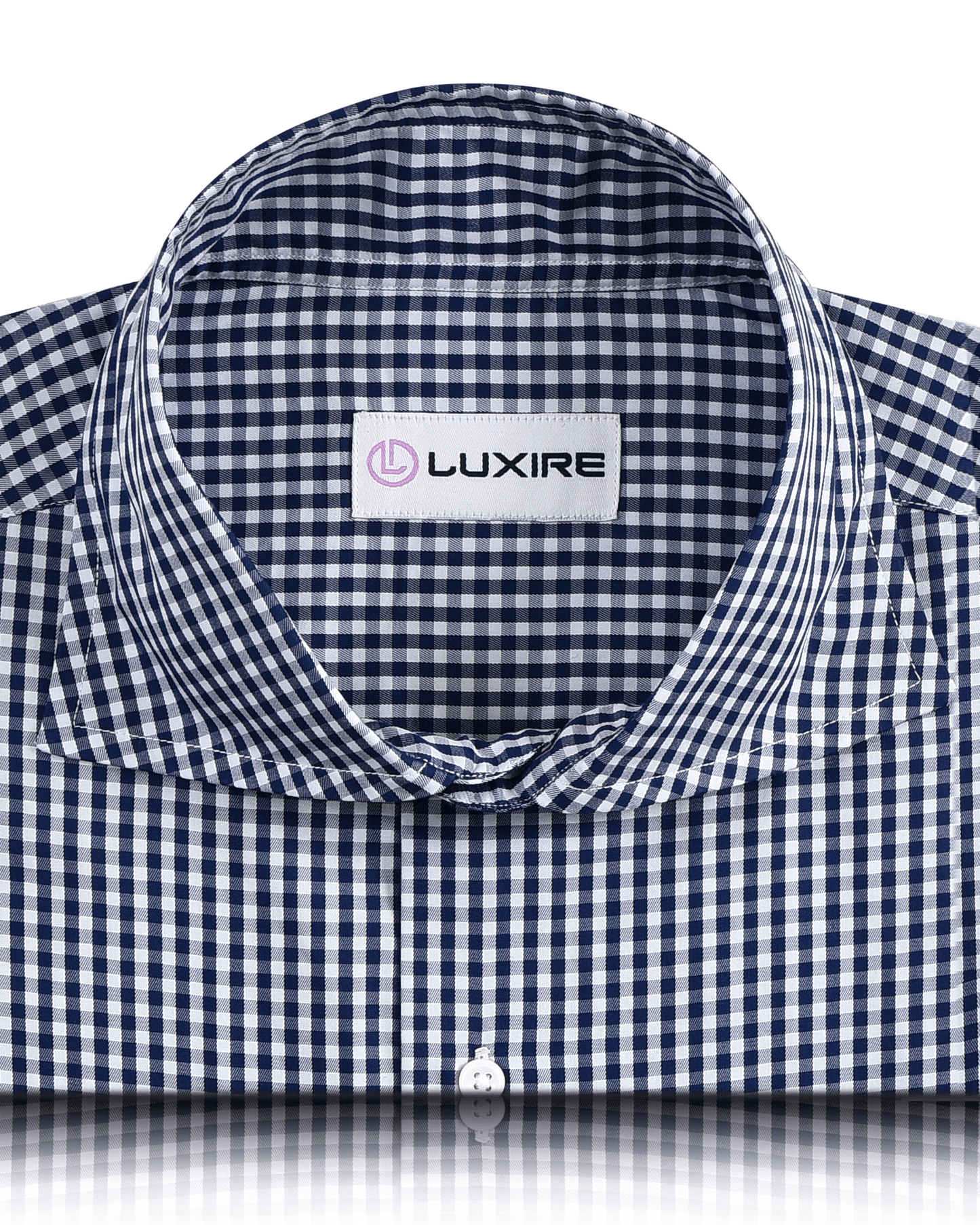 Front close view of custom check shirts for men by Luxire dark denim blue on white
