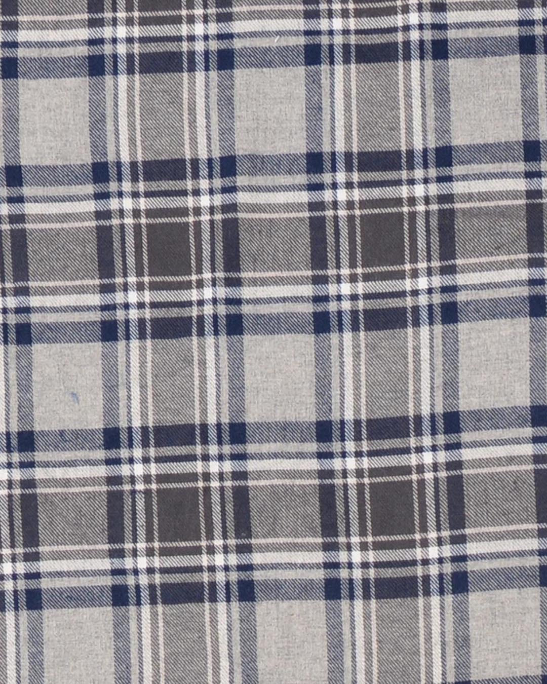 Closeup view of custom check shirts for men by Luxire dark gull grey and navy