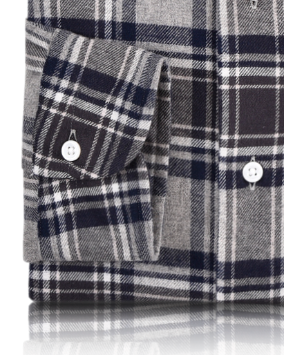 Close up cuff view of custom check shirts for men by Luxire dark gull grey and navy
