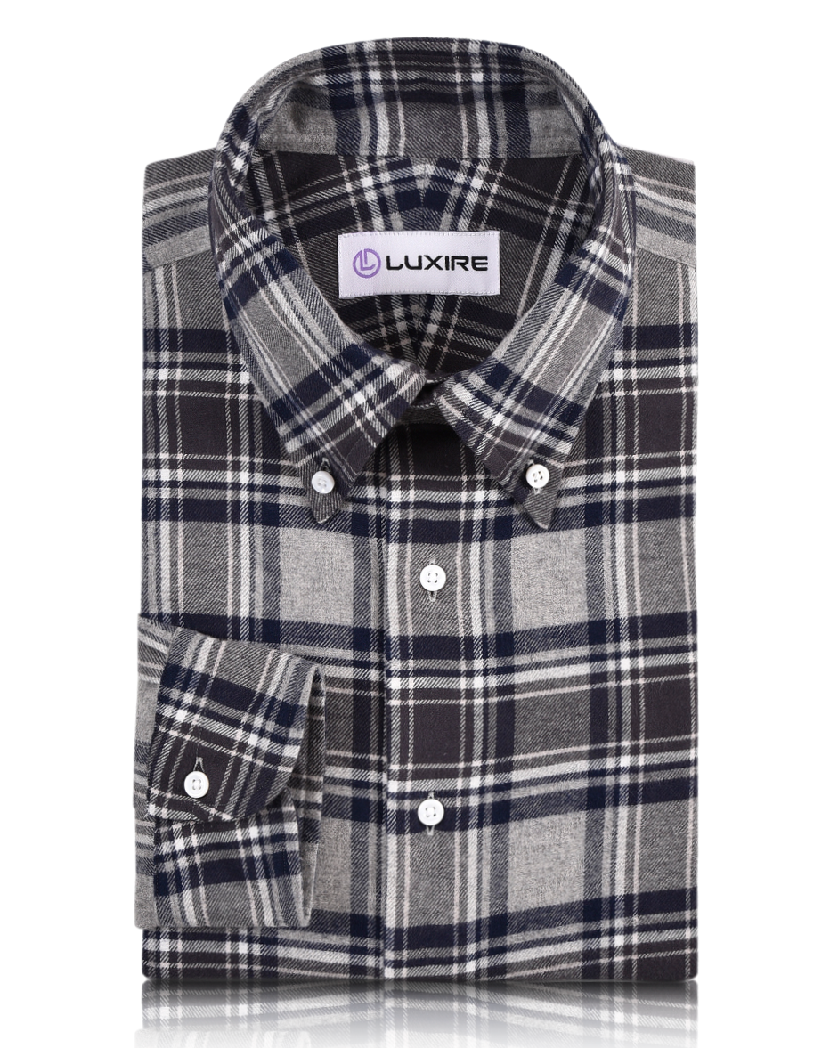 Front view of custom check shirts for men by Luxire dark gull grey and navy