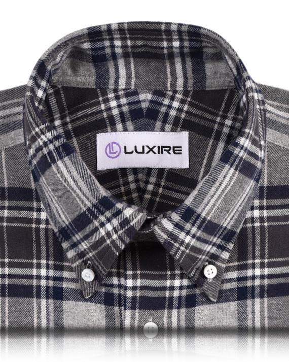 Front close view of custom check shirts for men by Luxire dark gull grey and navy