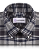 Front close view of custom check shirts for men by Luxire dark gull grey and navy