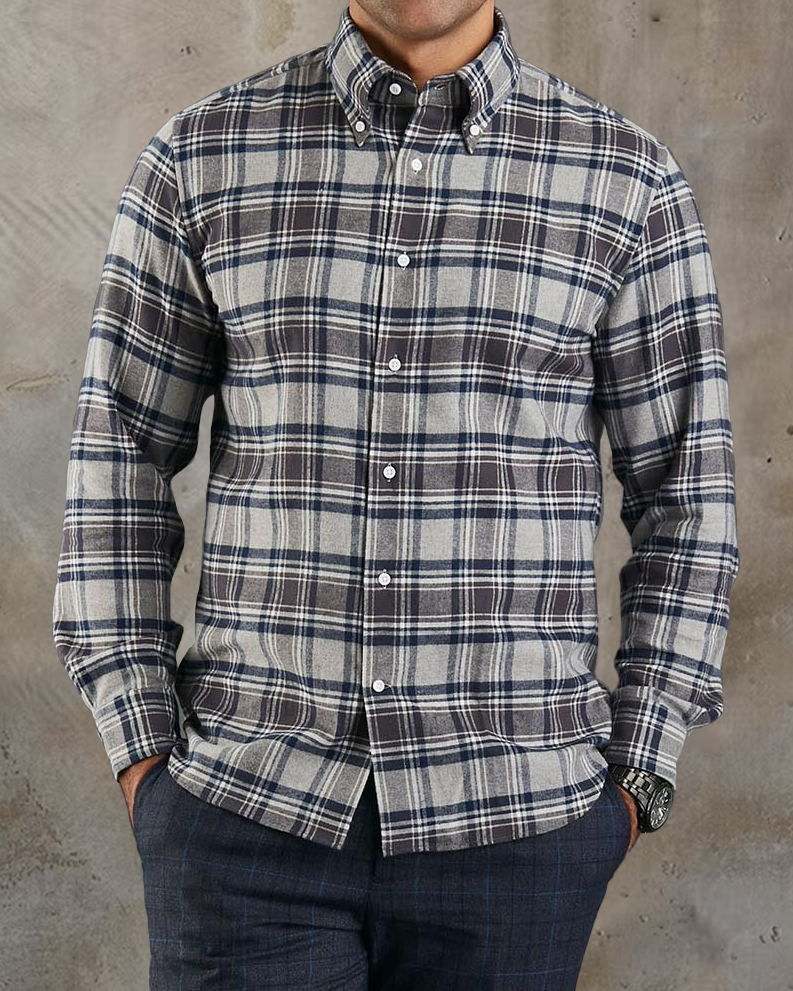Model wearing custom check shirts for men by Luxire dark grey and navy