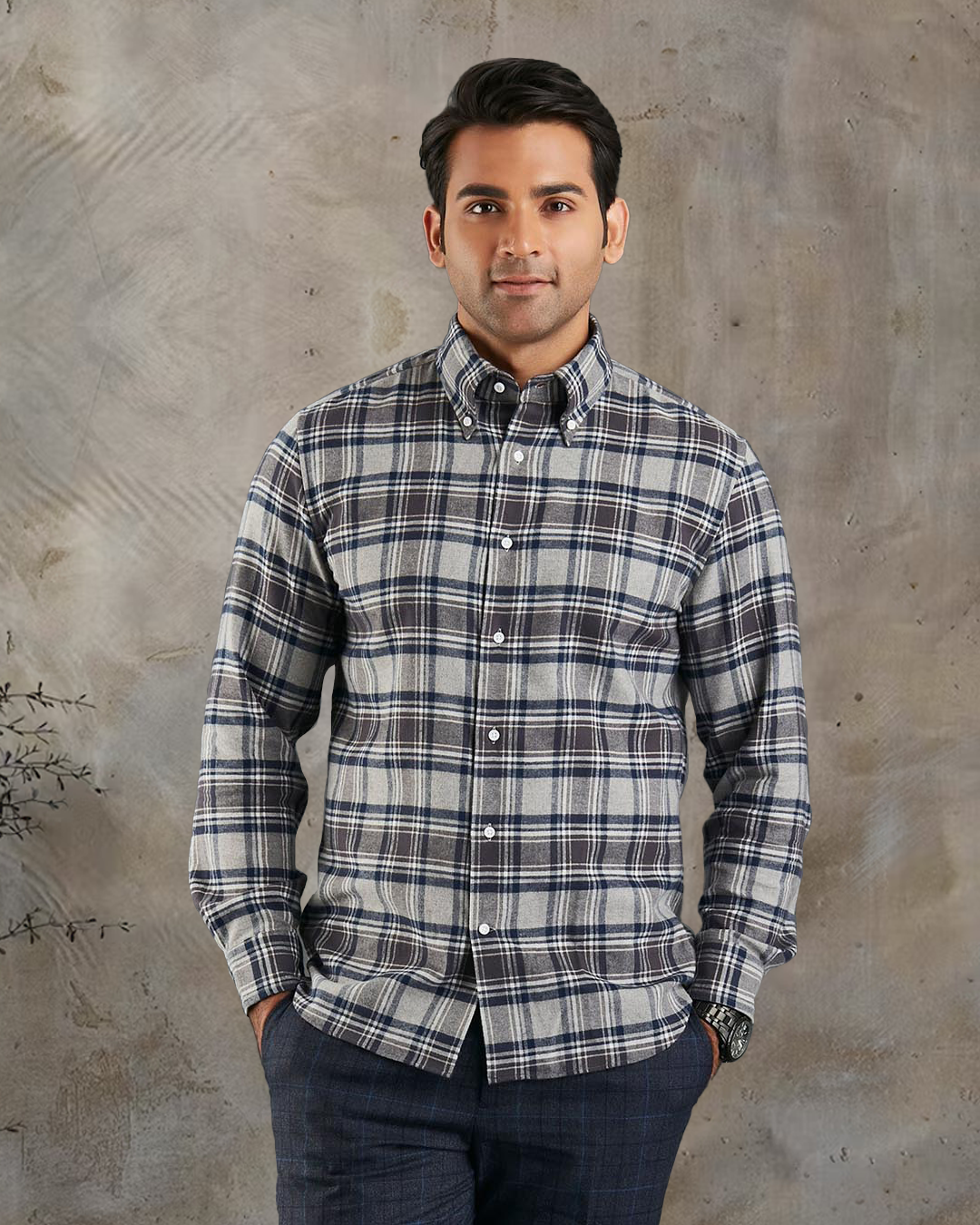 Top half model wearing custom check shirts for men by Luxire dark grey and navy