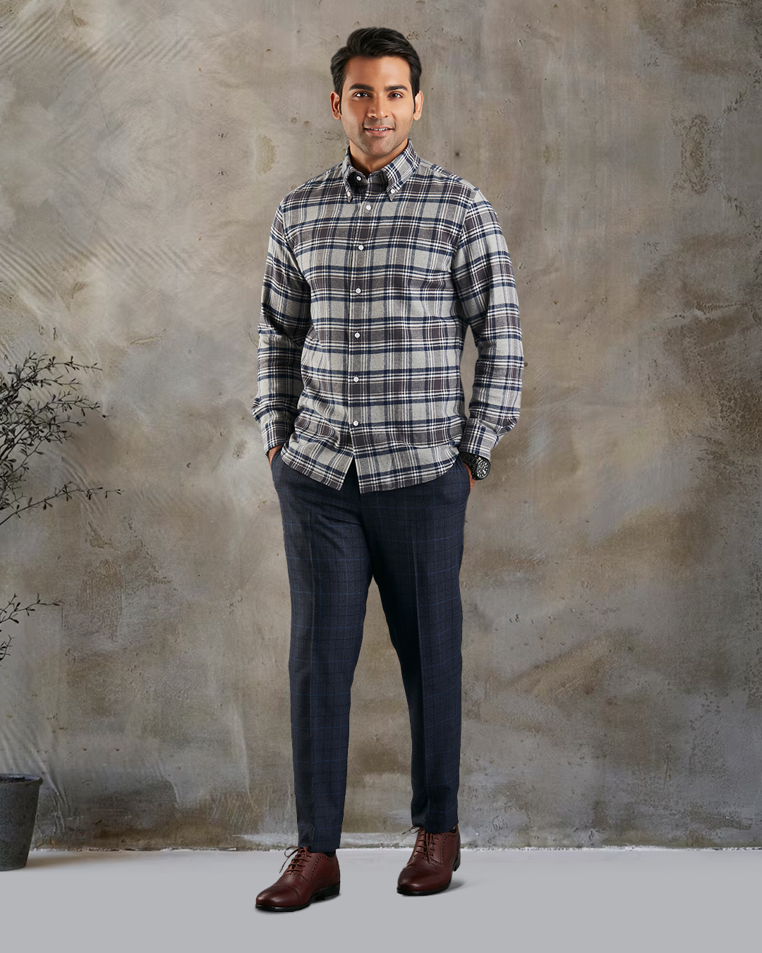 Model wearing custom check shirts for men by Luxire dark gull grey and navy