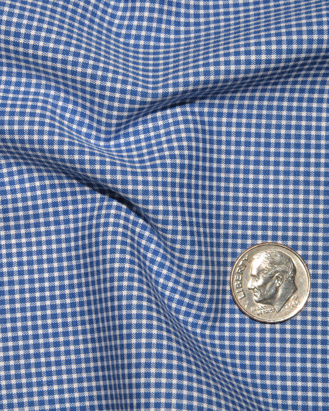 Close up view of custom check shirts for men by Luxire royal blue micro gingham