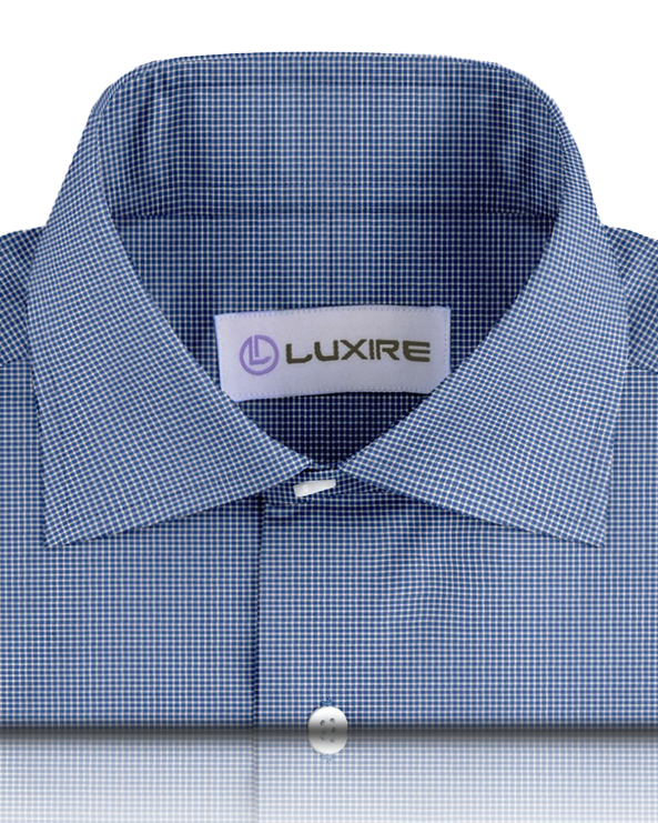 Front close view of custom check shirts for men by Luxire royal blue micro gingham