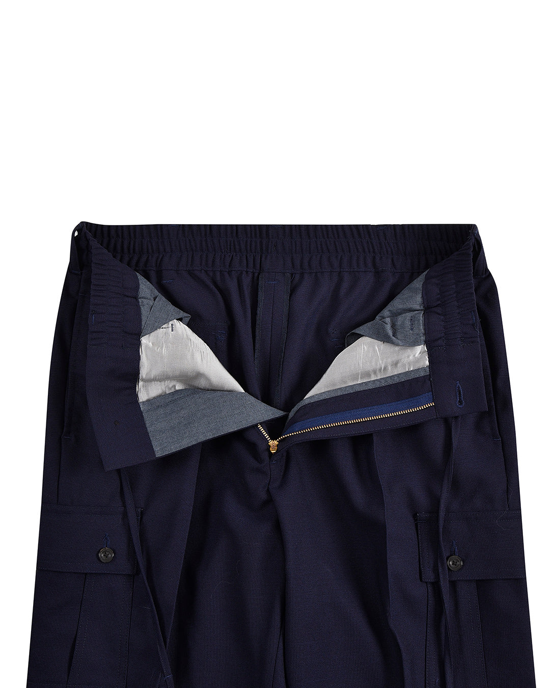 Front open view of custom cargo pants for men by Luxire in navy