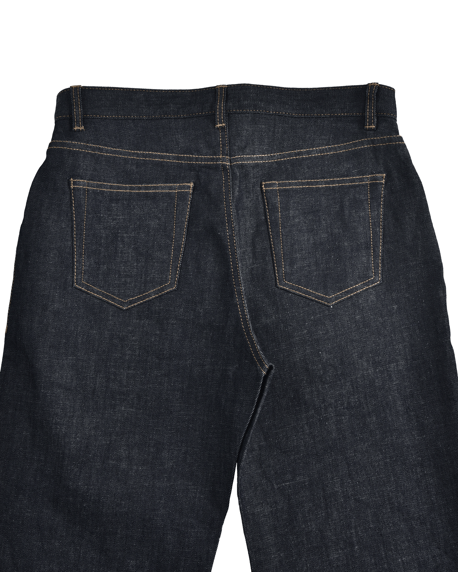 Back view of custom denim jeans for men by Luxire in dark indigo