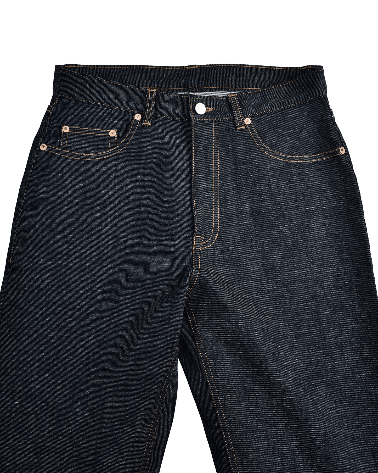 Front view of custom denim jeans for men by Luxire in dark indigo