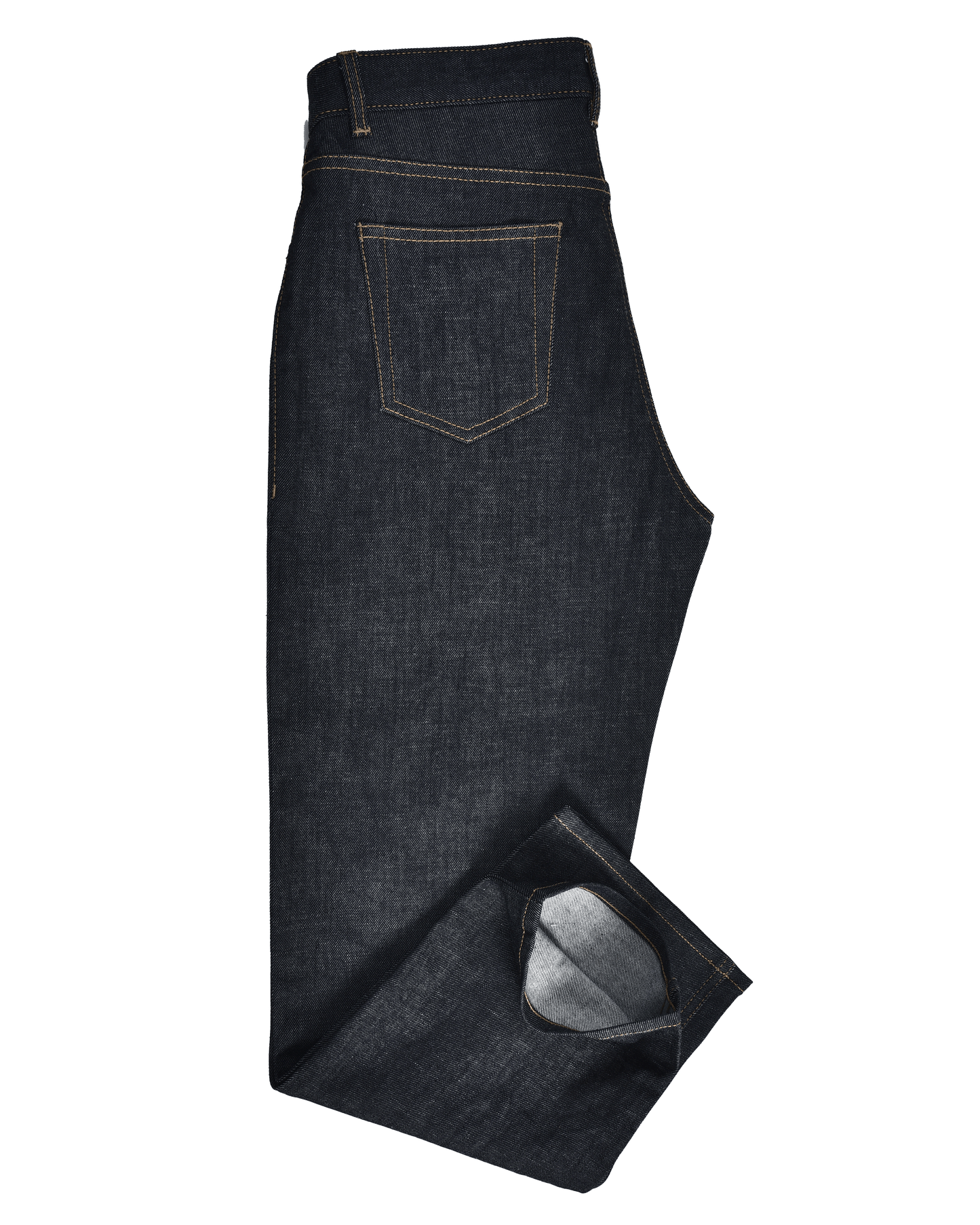 Side view of custom denim jeans for men by Luxire in dark indigo