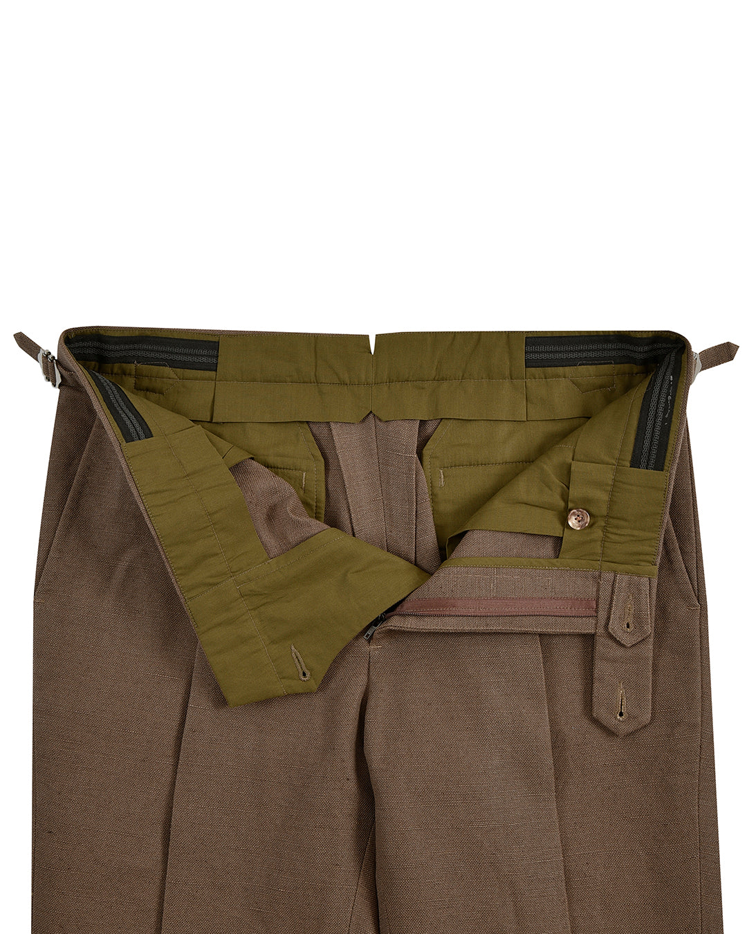 Open front view of custom linen canvas pants for men by Luxire in brown