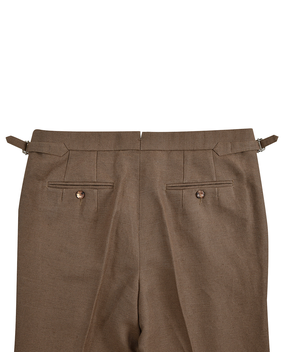 Back view of custom linen canvas pants for men by Luxire in brown