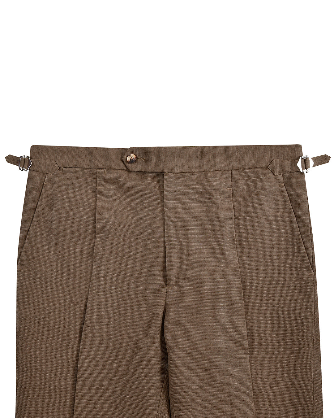 Front view of custom linen canvas pants for men by Luxire in brown