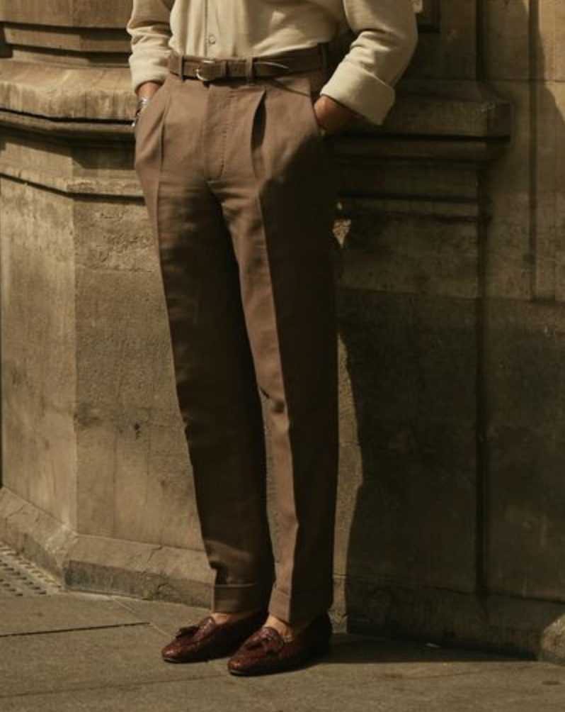 Pleated Brown Linen Cotton Canvas Pants