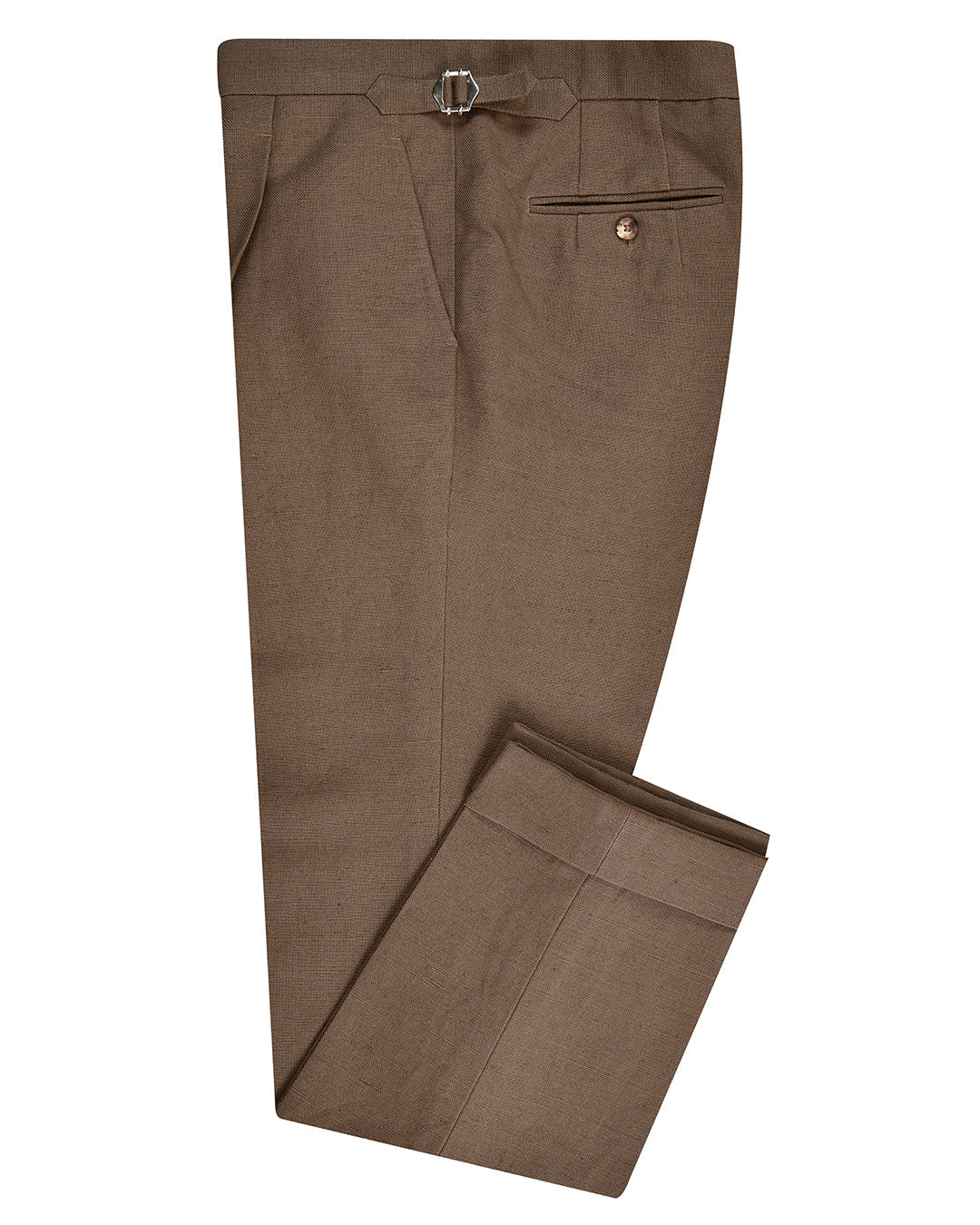 Side view of custom linen canvas pants for men by Luxire in brown