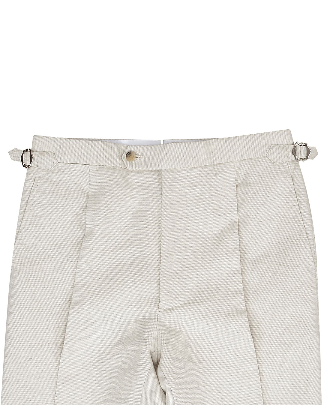 Front view of custom linen pants for men by Luxire in cream