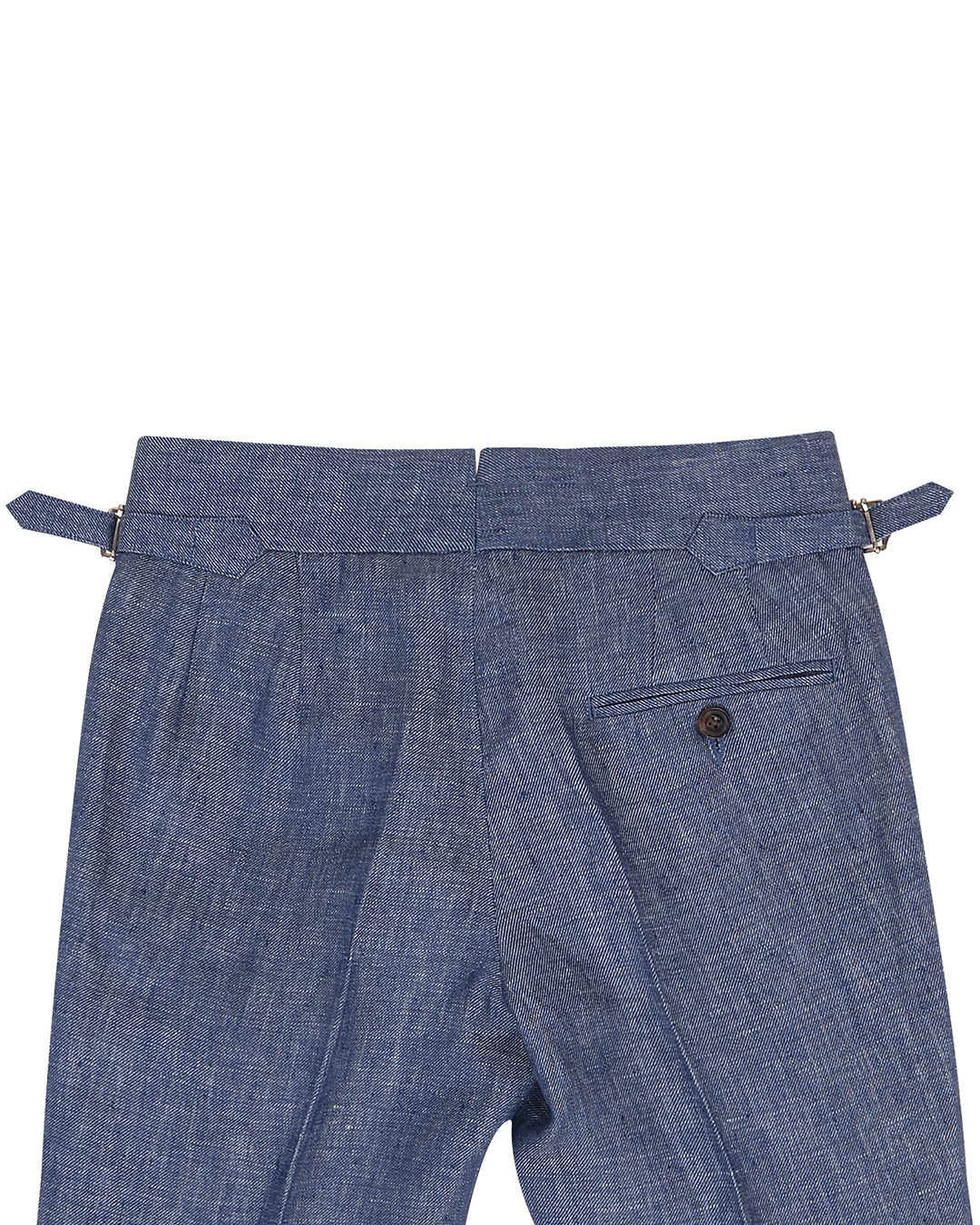 Back view of custom linen pants for men by Luxire in denim blue