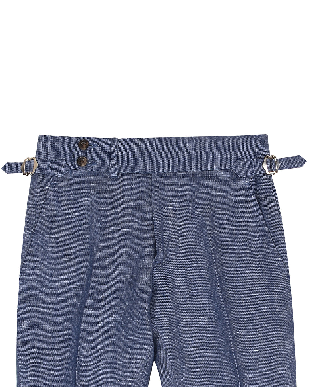 Front view of custom linen pants for men by Luxire in denim blue