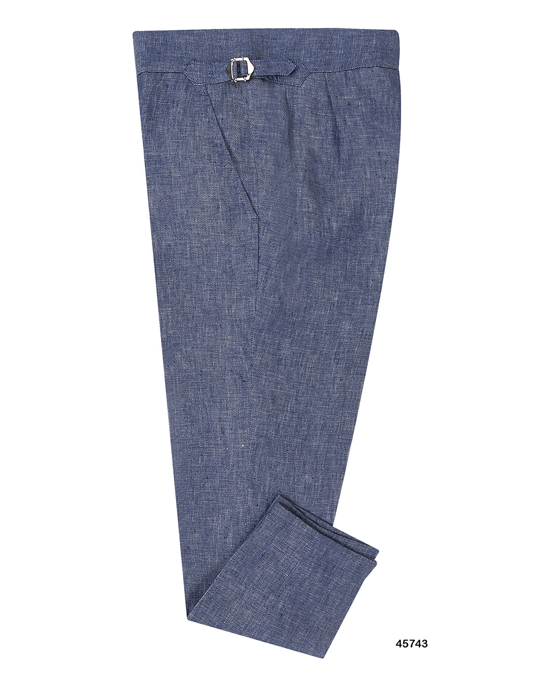 Side view of custom linen pants for men by Luxire in denim blue