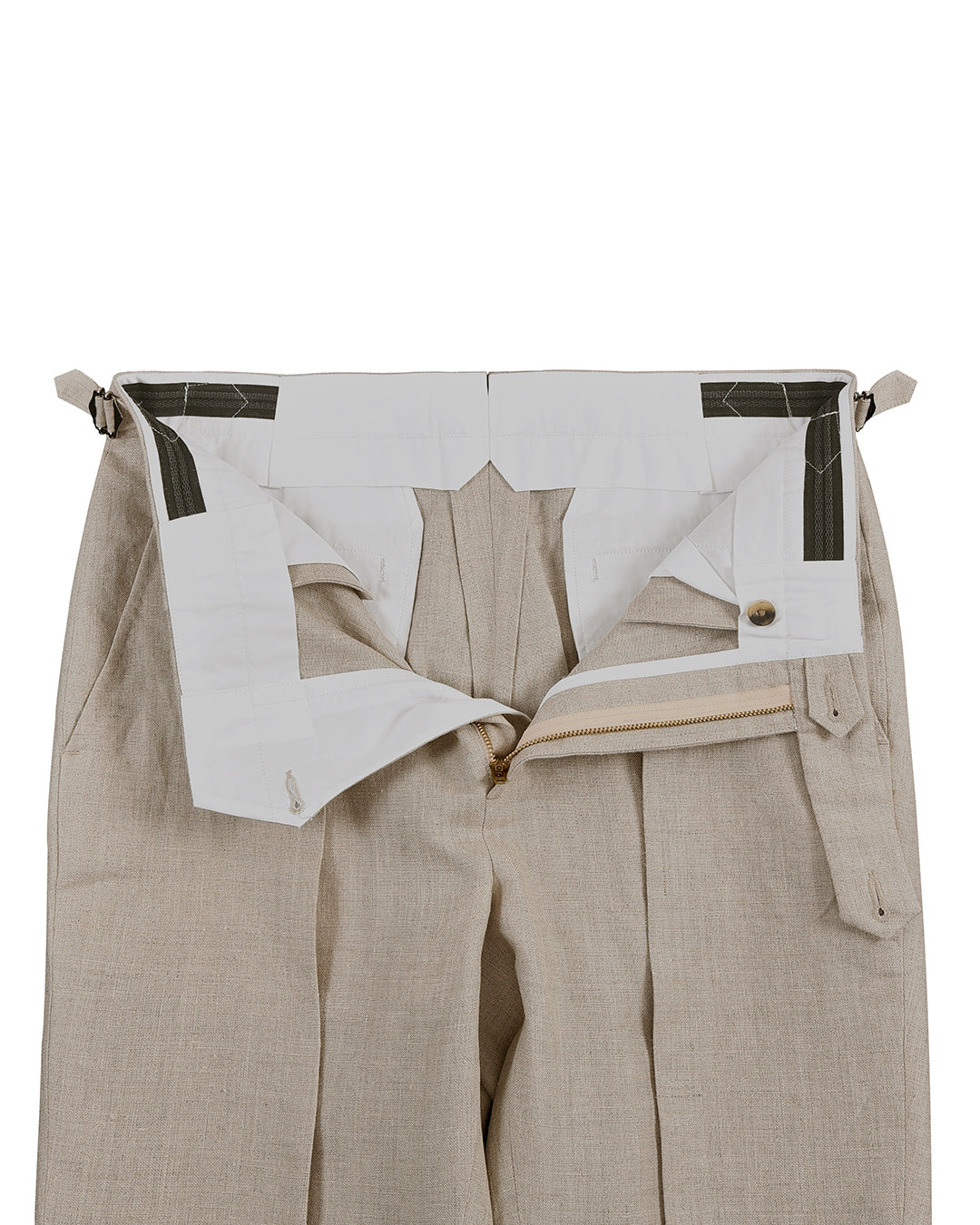 Front open view of custom linen suiting pants for men by Luxire in ecru