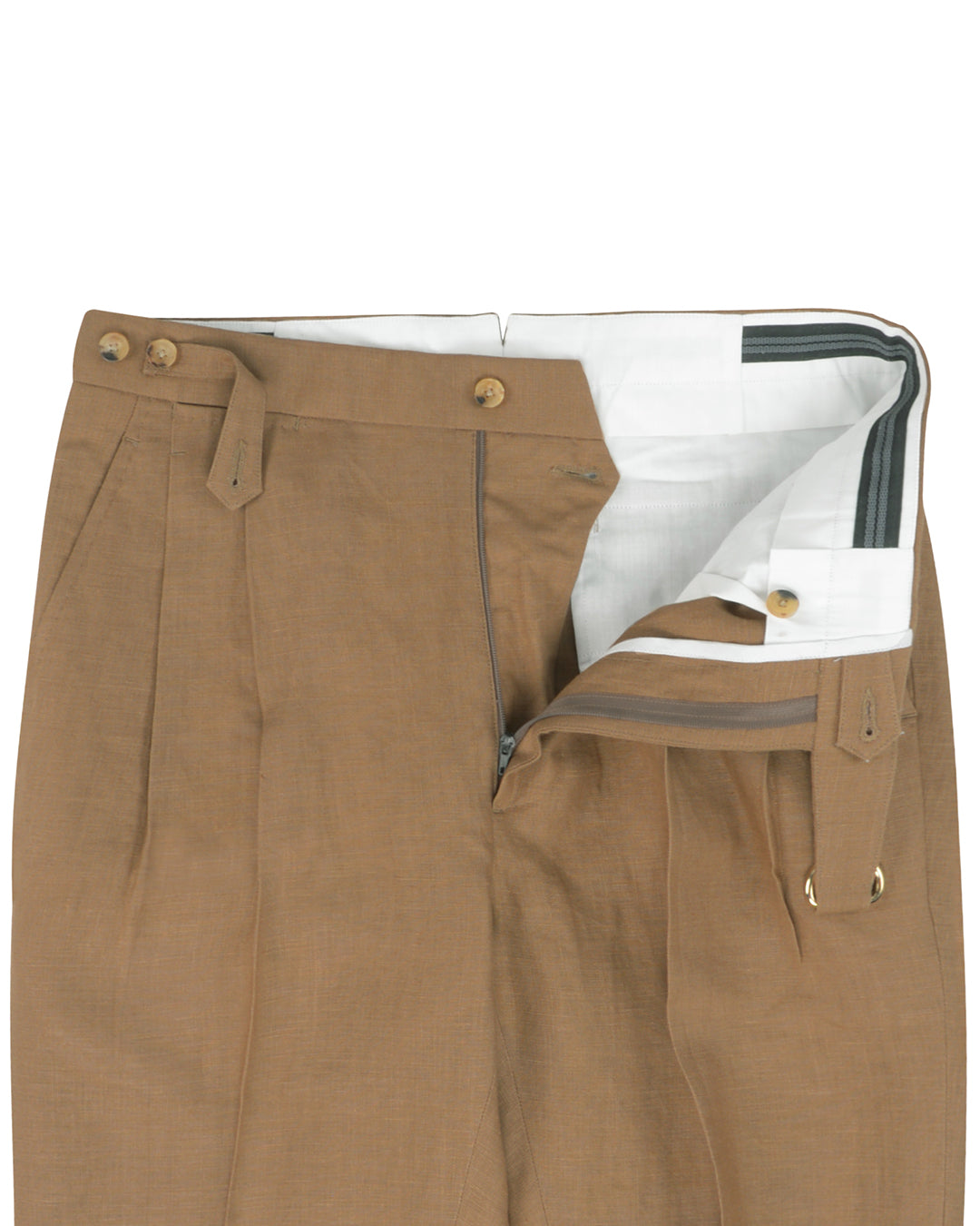 Front open view of custom linen pants for men by Luxire in golden brown