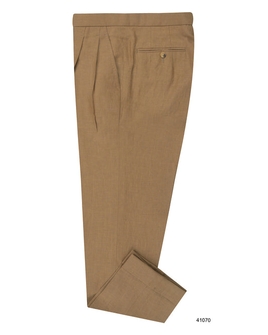 Side view of custom linen pants for men by Luxire in golden brown