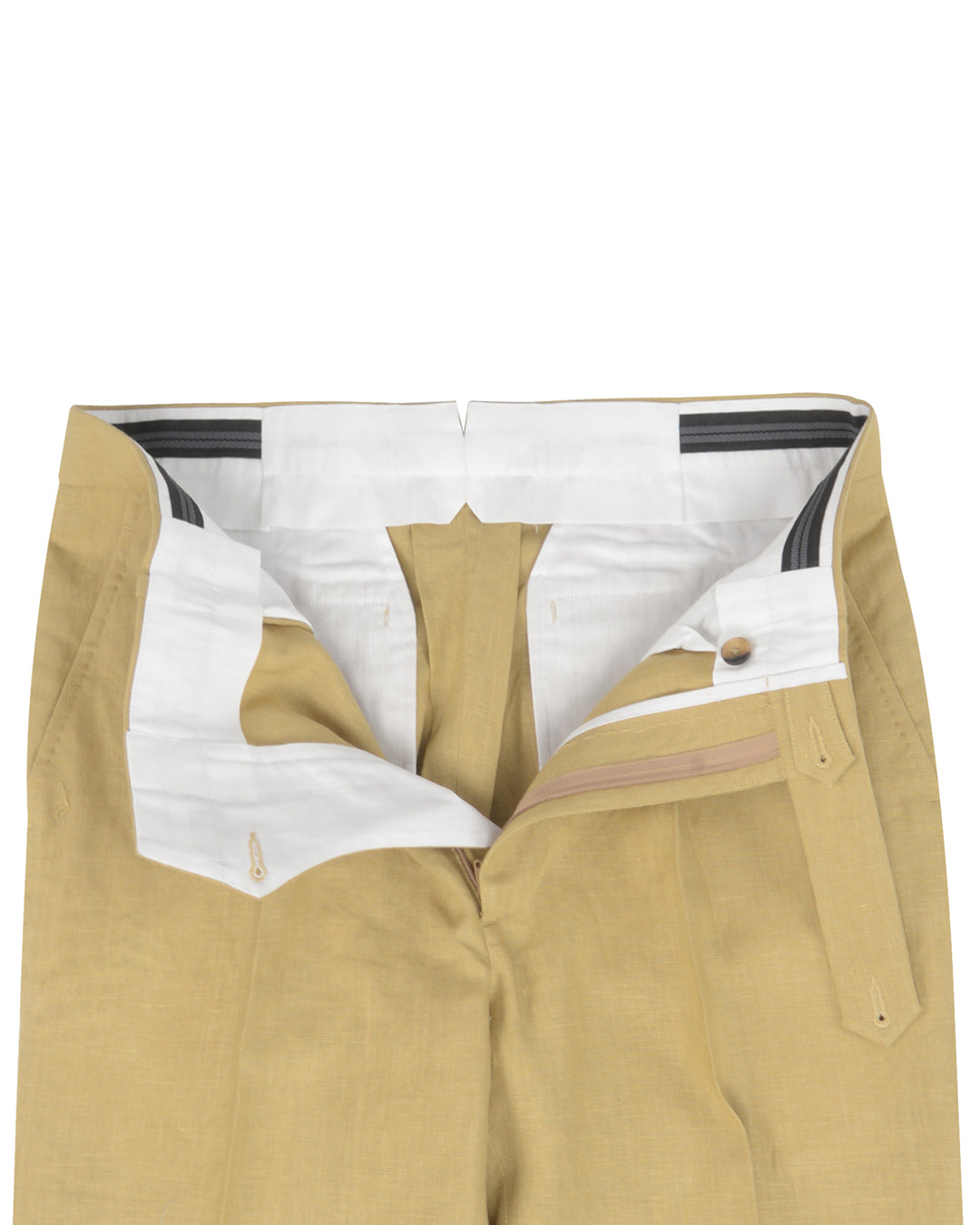 Front open view of custom linen pants for men by Luxire in golden yellow