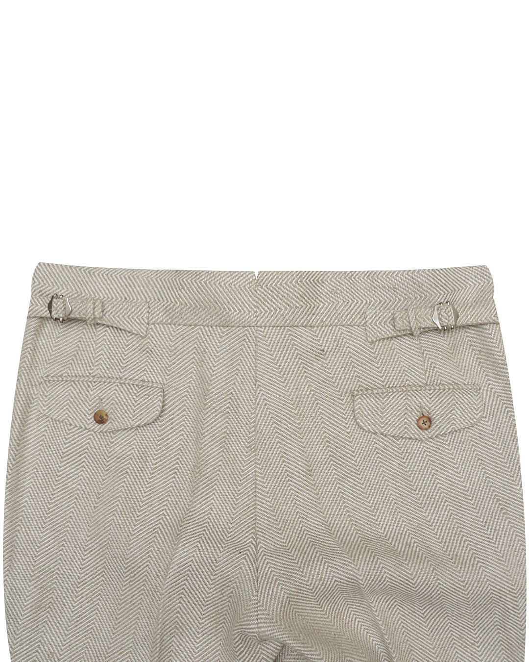 Back view of custom linen canvas pants for men by Luxire in golden tan