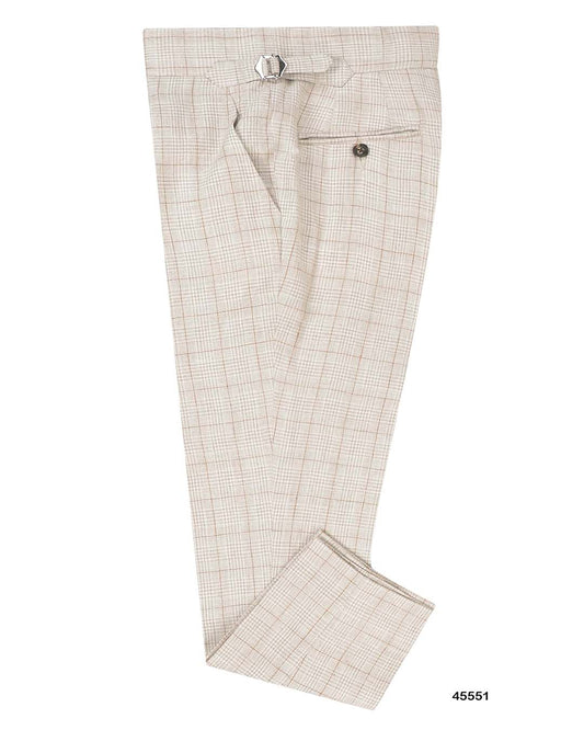 Side view of custom linen pants for men by Luxire in light tan plaid
