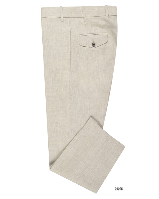 Side view of custom linen suiting pants for men by Luxire in muslin
