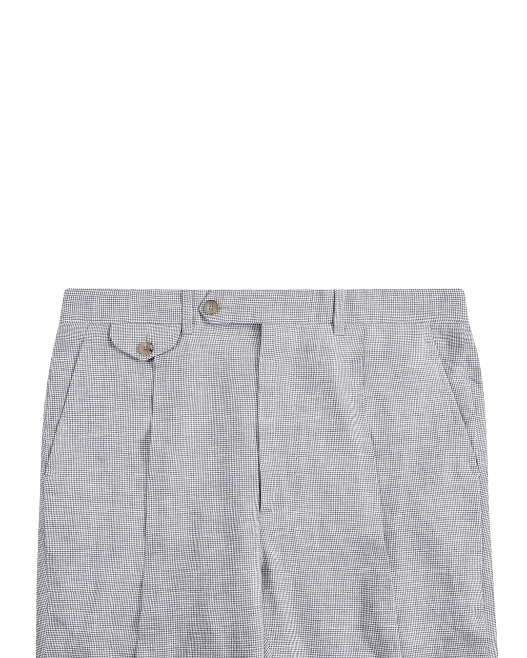 Front view of custom linen pants for men by Luxire in grey houndstooth