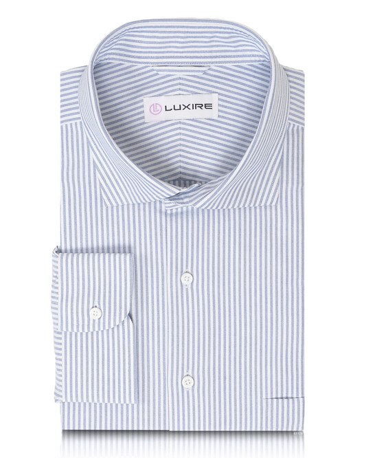 Front of the custom oxford shirt for men by Luxire in cornflower dress stripes