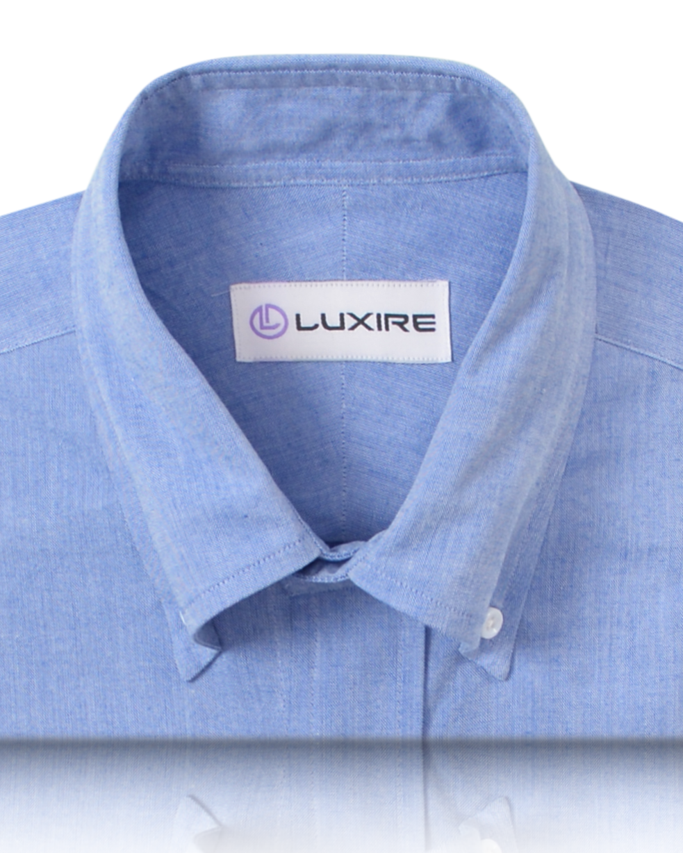 Collar of the custom oxford shirt for men by Luxire in blue slub pinpoint