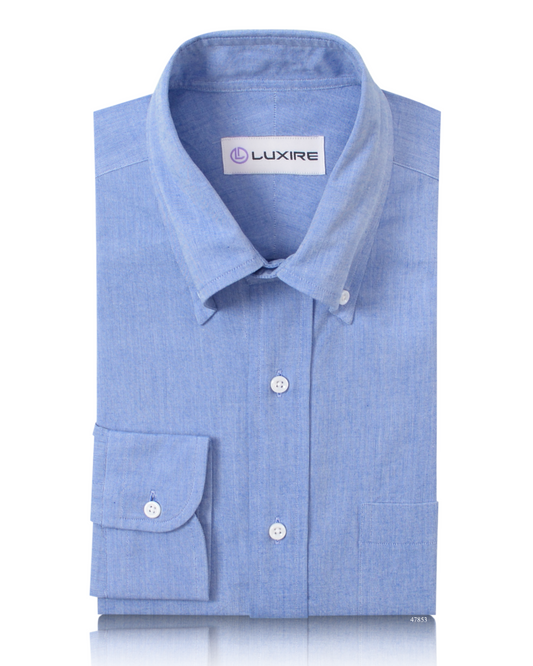 Front of the custom oxford shirt for men by Luxire in blue slub pinpoint