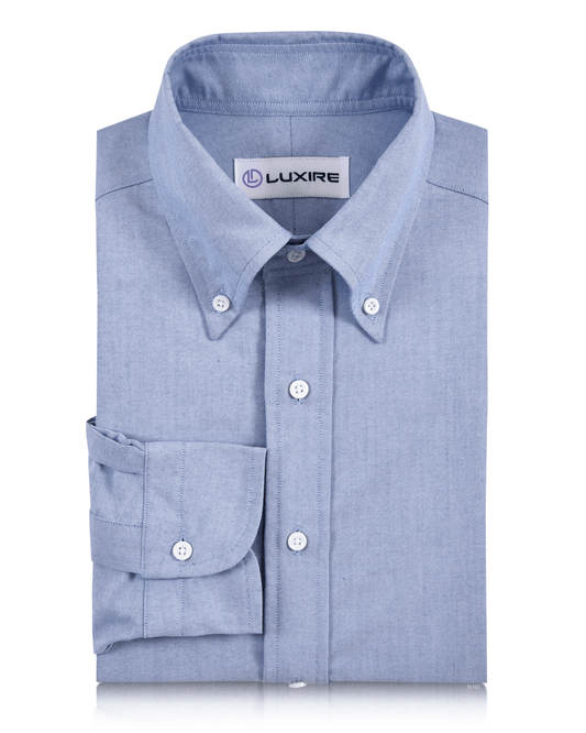 Front of the custom oxford dress shirt for men by Luxire in classic blue