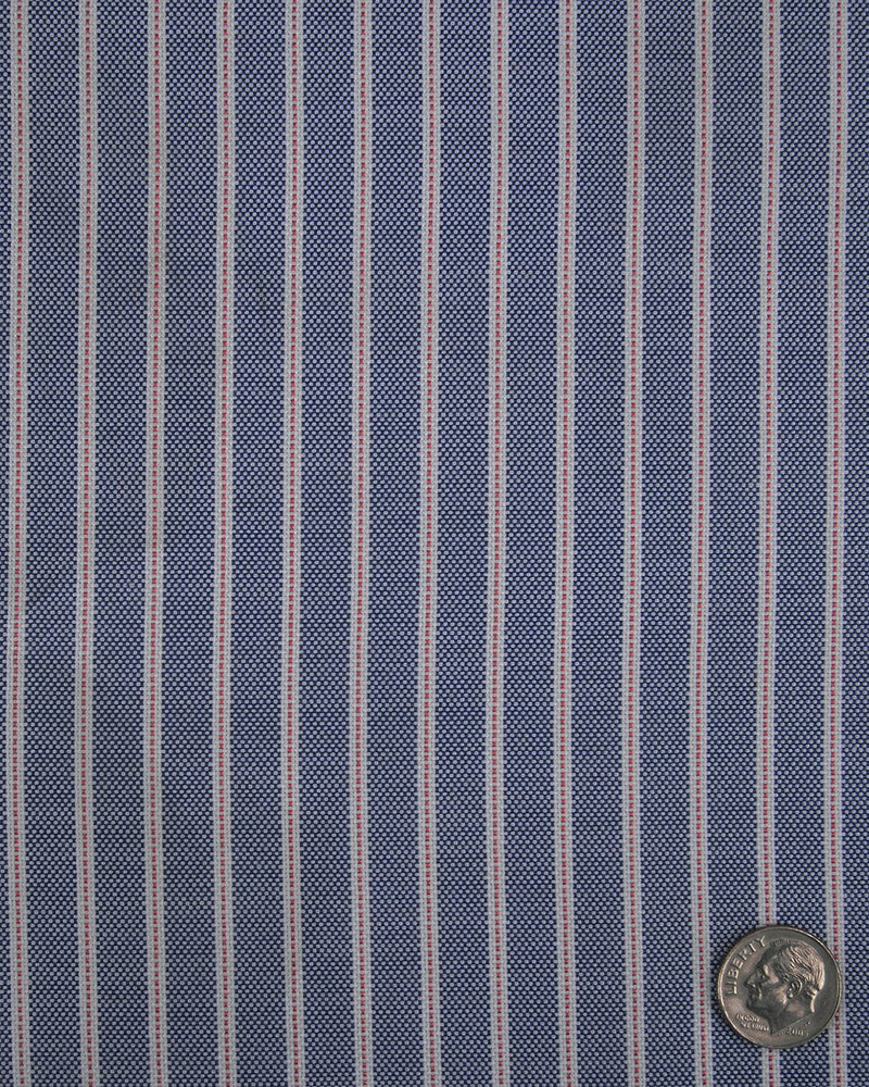 Close up of the custom oxford shirt for men by Luxire in navy awning with red pinstripes