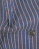 Close up of the custom oxford shirt for men by Luxire in navy awning with red pinstripes 2