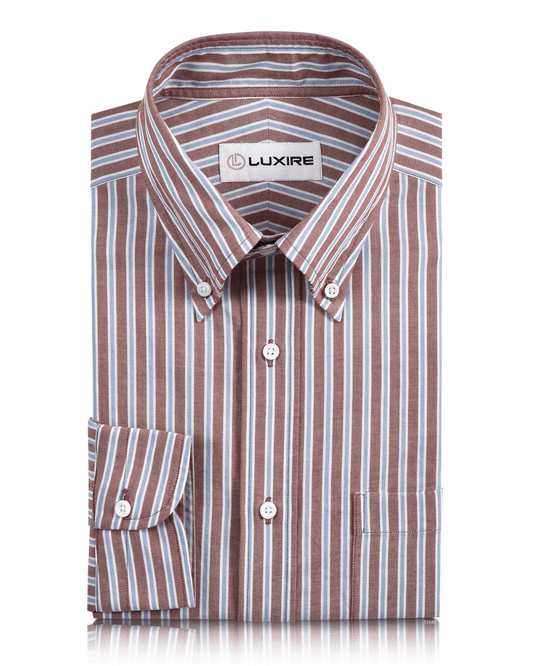 Front of the custom oxford shirt for men by Luxire with blue white and rust stripes