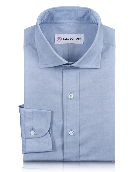 Front of the custom oxford shirt for men by Luxire in sky blue pinpoint