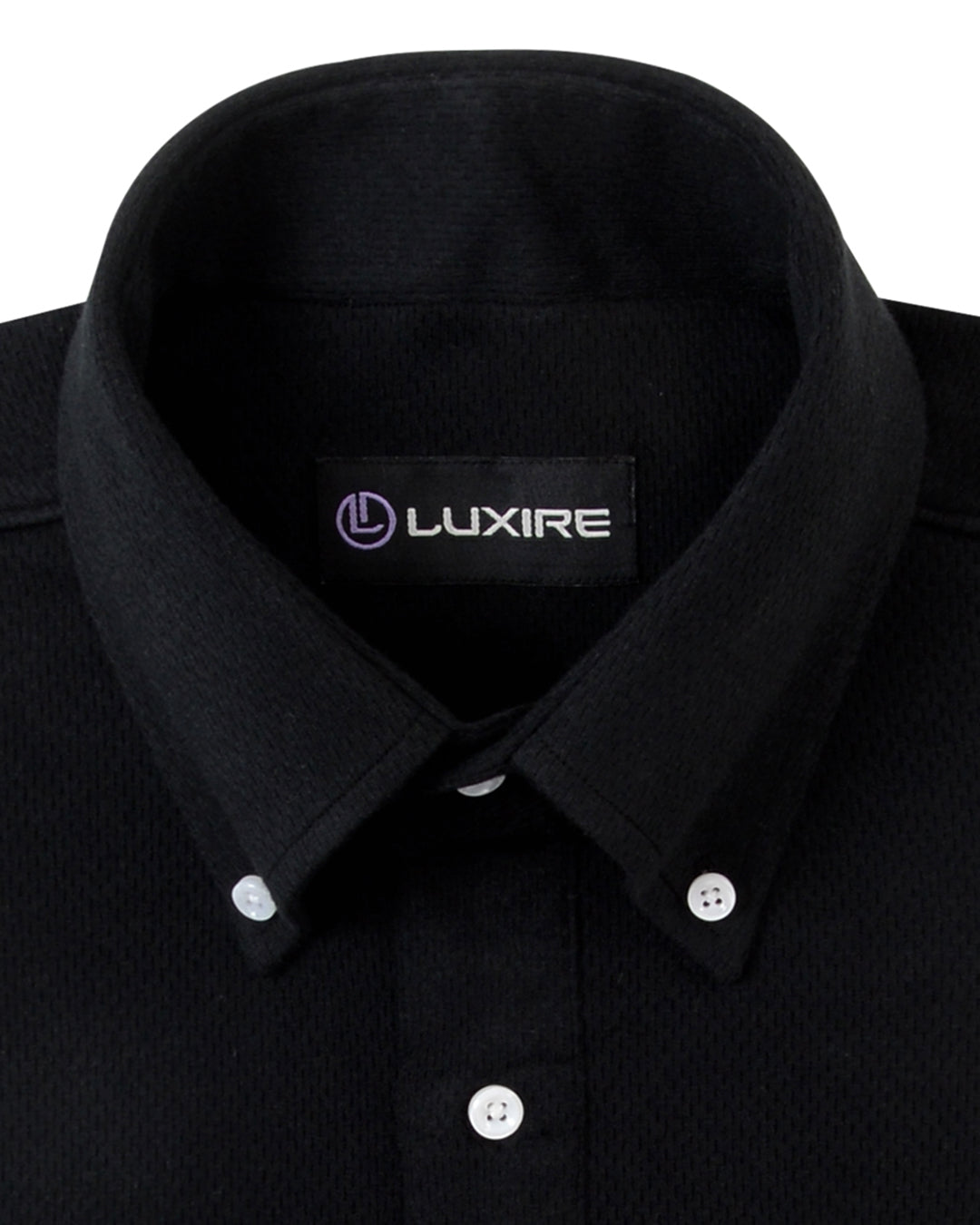 Collar of the custom oxford polo shirt for men by Luxire in midnight black